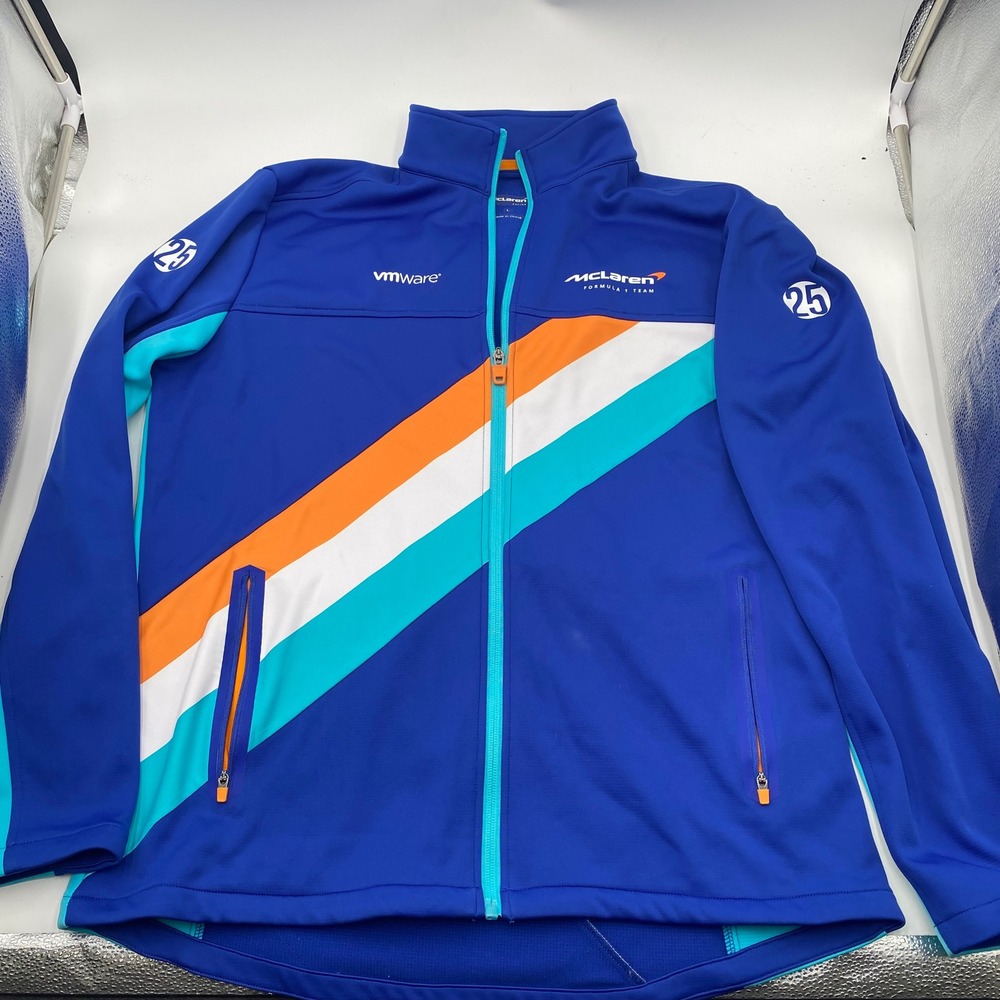 MCLAREN F1 Team Racing Jacket Mens Medium Blue Orange Full Zip Performance Track